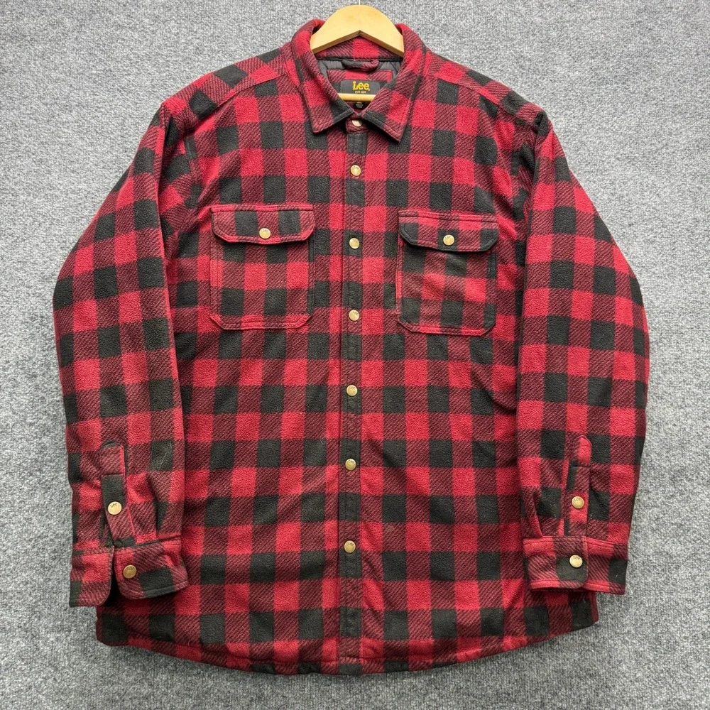 Lee Regular Fit‎ Shirt Jacket Mens XXL Red Black Plaid Quilted Lined Outdoor